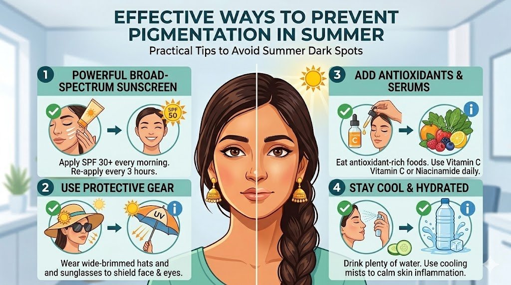 A complete guide to protect your skin from pigmentation using broad-spectrum sunscreen, antioxidants like Vitamin C, and proper hydration.