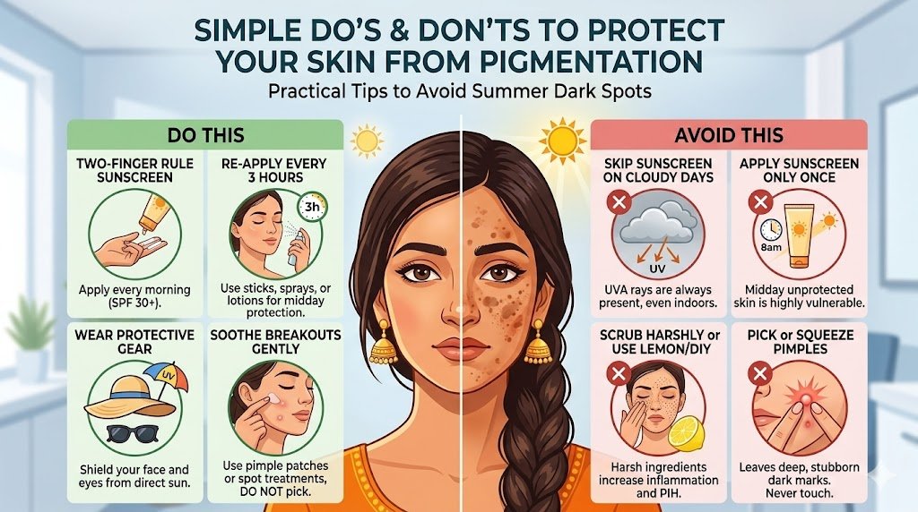 Graphic showing how to protect your skin from pigmentation by avoiding common summer mistakes like skipping sunscreen and picking pimples.