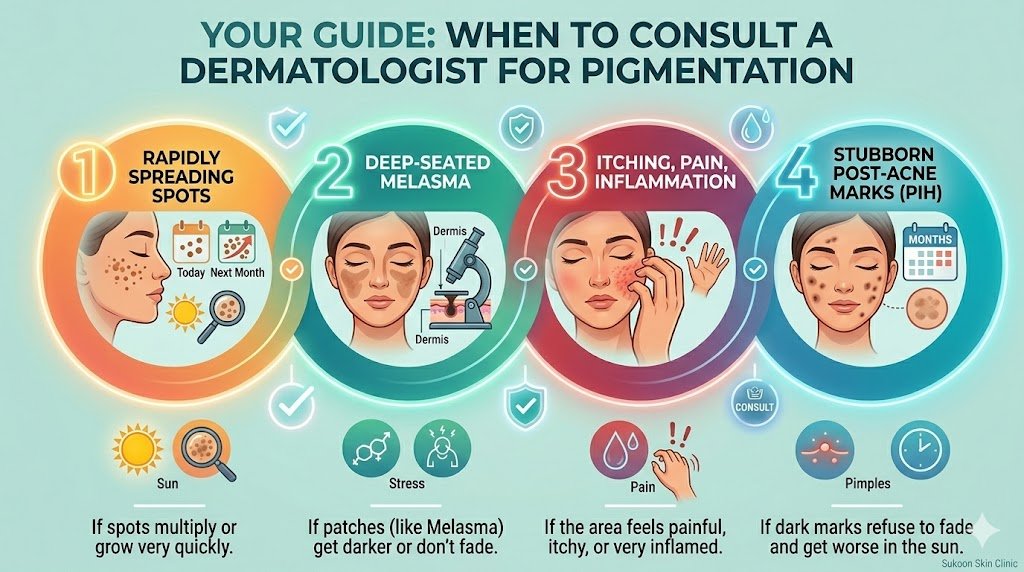 Infographic showing when to consult a dermatologist to protect your skin from pigmentation